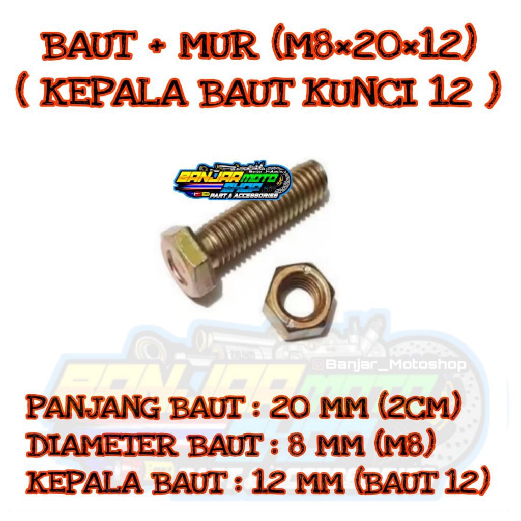 BAUT DAN MUR M8×20MM (KEPALA BAUT KUNCI 12) BAUT RAK BESI SIKU
