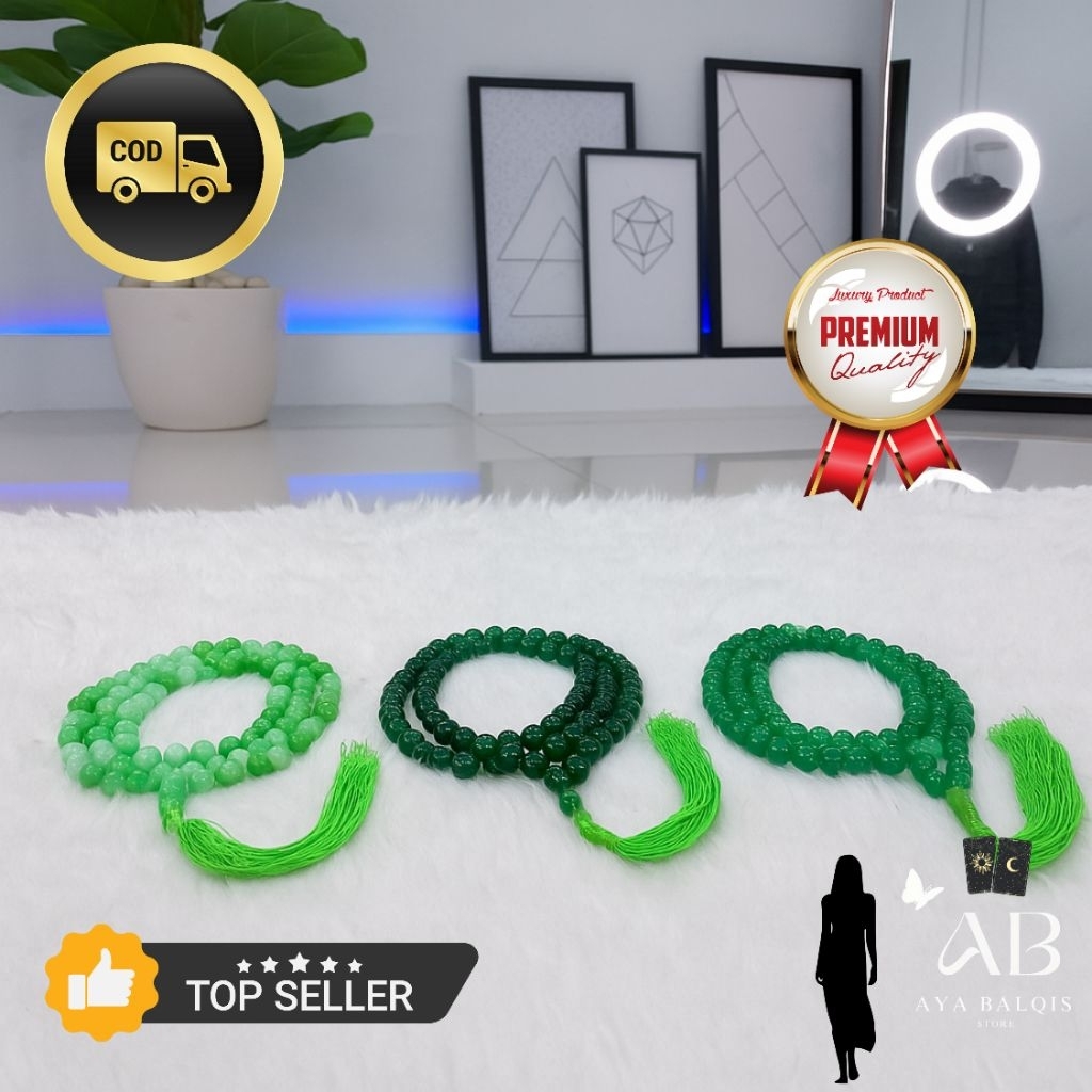 Tasbih Giok Natural 8mm 99 Butir - Hijau Belang, Hijau Pekat & Hijau Muda Kristal