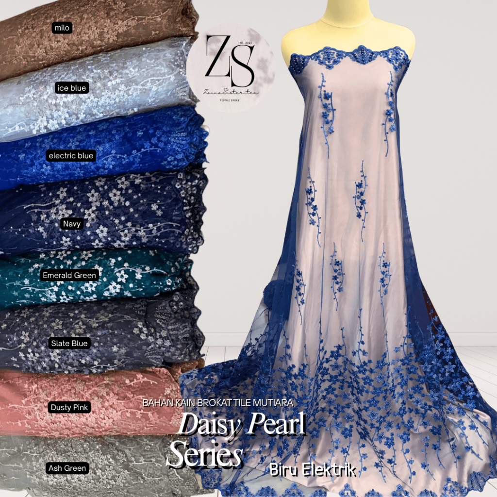 Bahan Kain Kebaya Mewah Brokat Tile Embroidery Two Twone Mutiara Daisy Series Warna Biru Elektrik