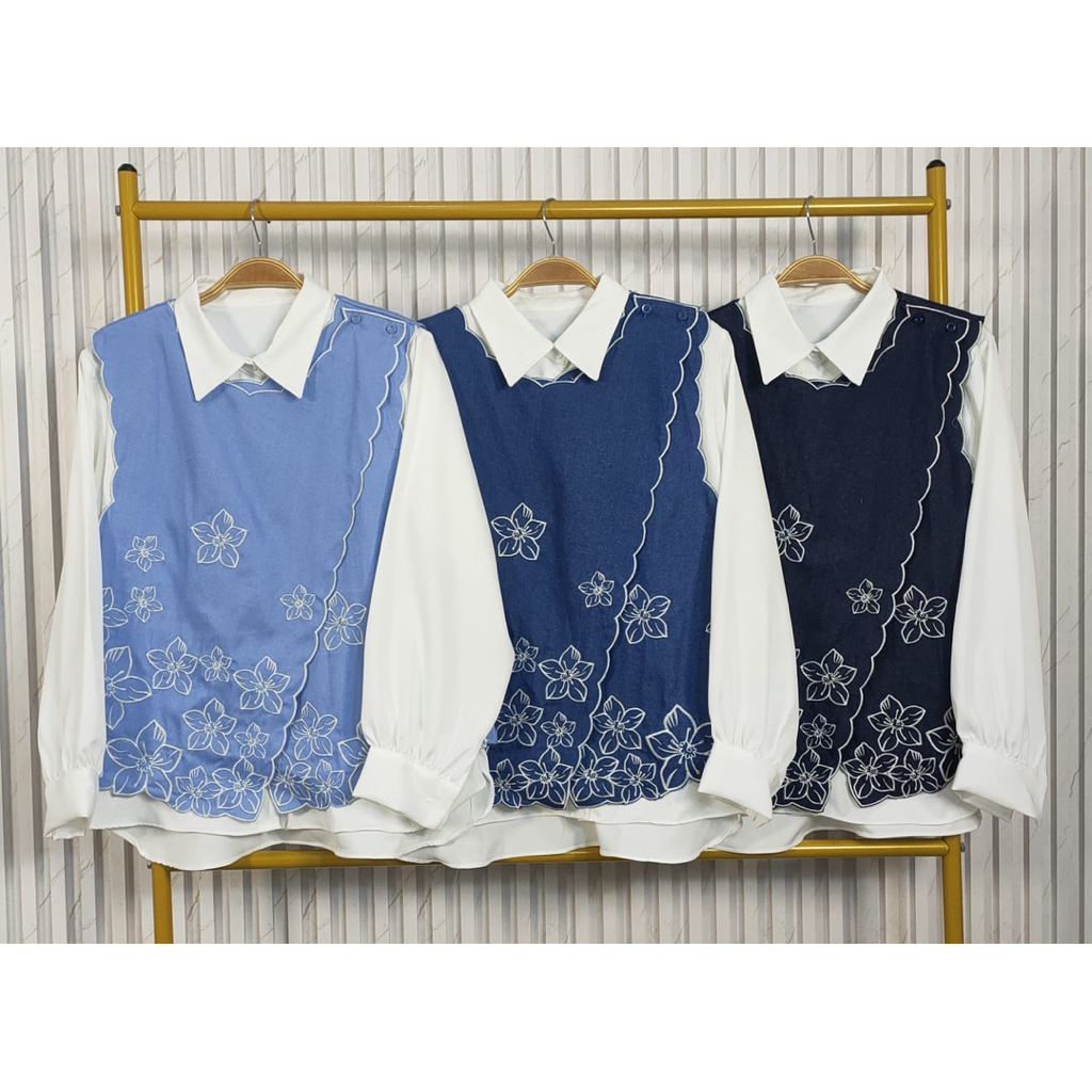 Kode 985 Set Rompi Jeans Bordir Bunga dan Kemeja Shakila Wanita Allsize