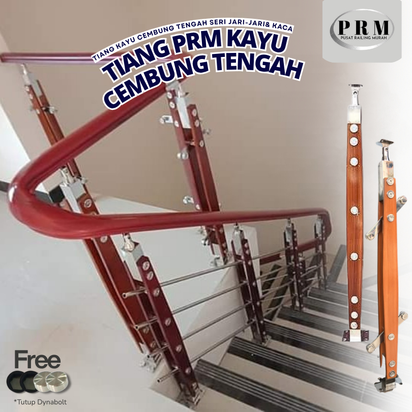 TIANG RAILING TANGGA KAYU CEMBUNG TENGAH STAINLESS VARIASI RAILING JARI-JARI RAILING KACA