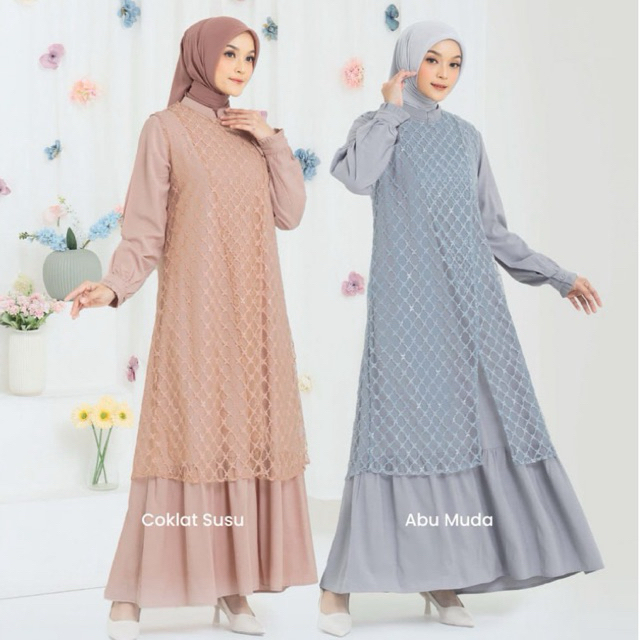 [UPDATE 25/10] NIBRAS Gamis GALA 005 (Abu Muda, Coklat Susu) Dress Kondangan Brukat Mix Rayon NBRS