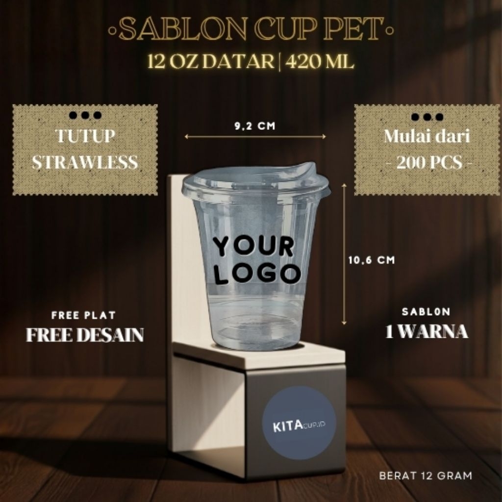 Sablon Gelas Cup Plastik PET 12 Oz Datar / Oval + Tutup Strawless / Flat