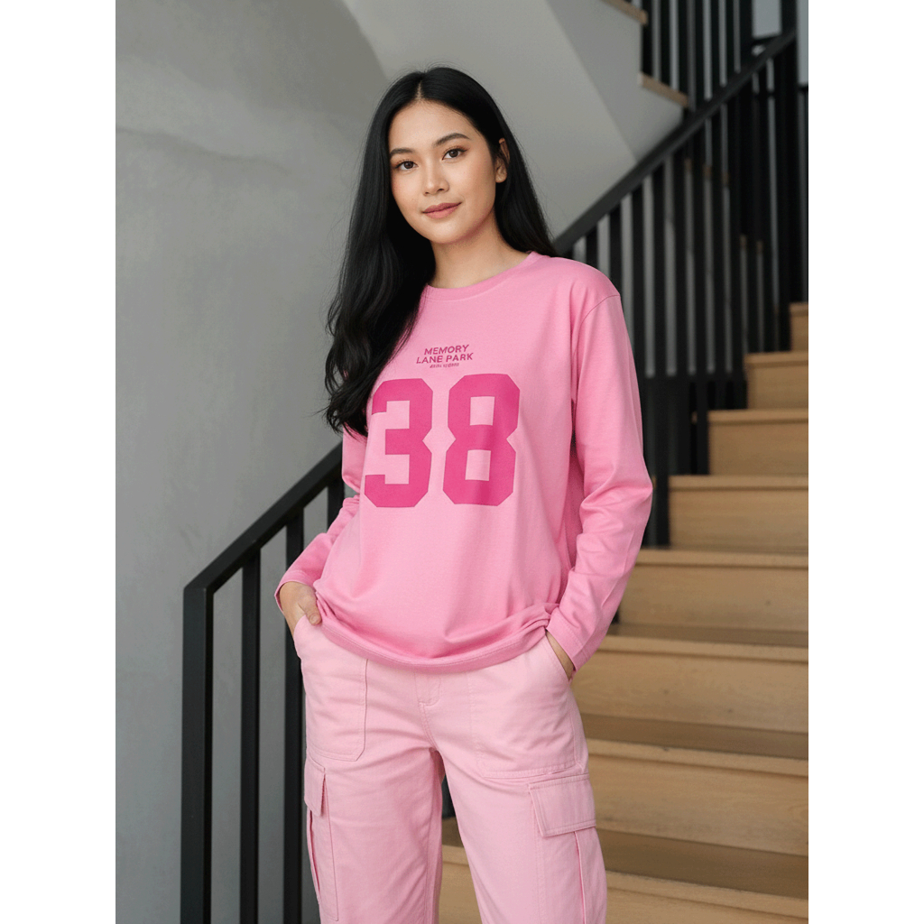 Kaos Lengan Panjang Wanita Abu Baju Angka 38 Sporty Vintage Oversize Cotton Combed Hijab