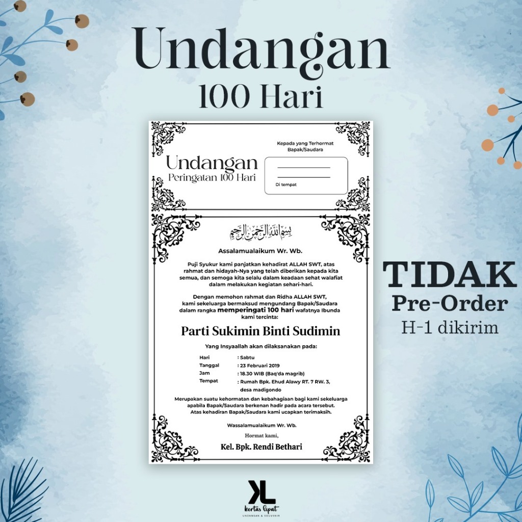 Cetak Undangan Peringatan 100 Hari HVS A5 A4 F4 F5 Gratis Desain || Undangan Pernikahan HVS A5 A4 ||