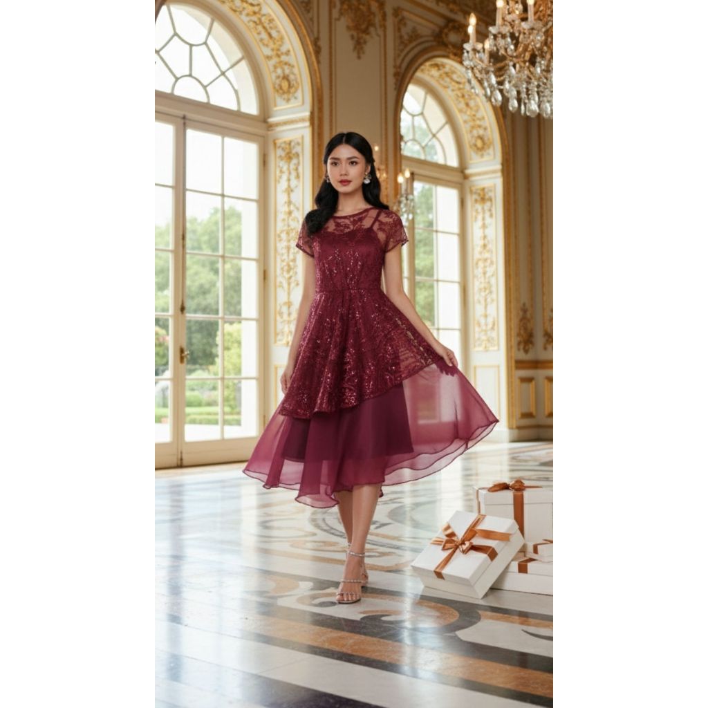 Miss Nomi Clarabel Dress Pesta Mewah Midi Dress Organza Kondangan Outfit