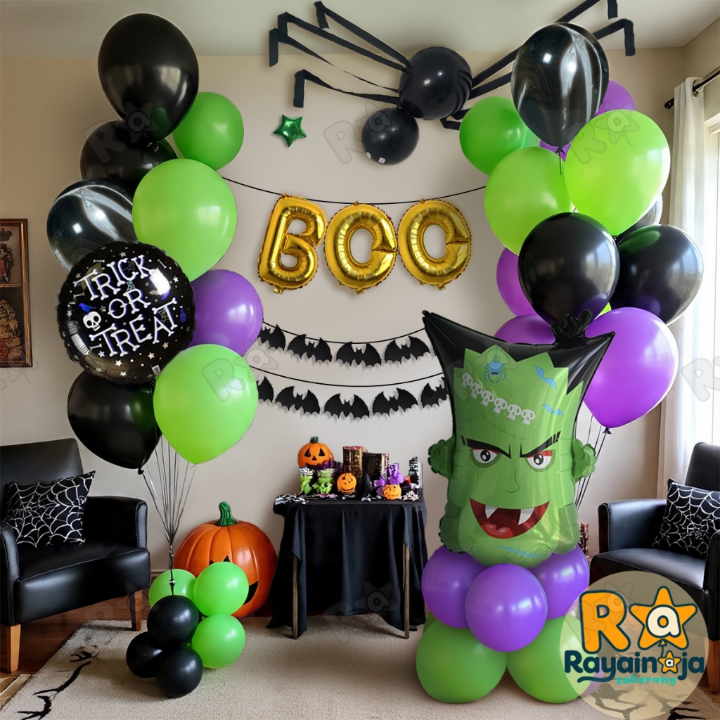 Rayain Aja - set Dekprasi Halloween Frankenstein / Laburatorium Frankenstein/ Balon Frankenstein / D