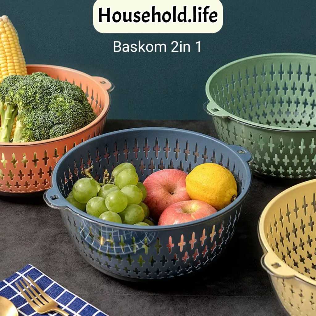Baskom Saringan Drain Basin 2In1 Saringan Sayuran & Buah Dengan Tutup Pengering Sayuran