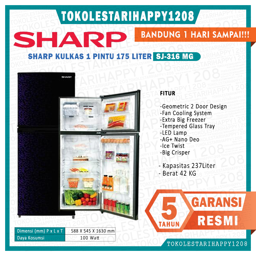 kulkas sharp 2 pintu sharp kulkas 2 pintu type SJ-316/317MG Bandung Kurir Toko 1 Hari Sampai