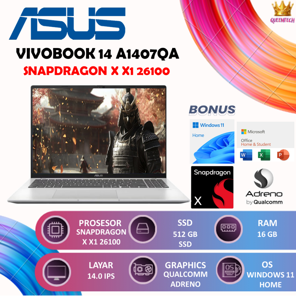 ASUS Vivobook 14 Snapdragon X X1 16GB 512GB Laptop 14" WUXGA IPS Tipis Kencang