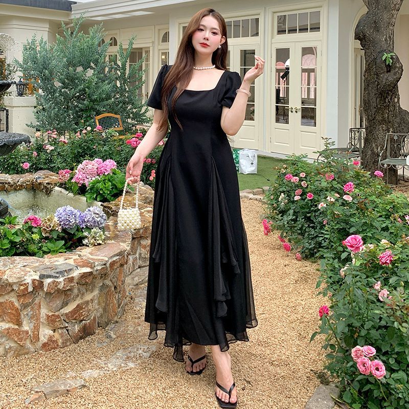 Dress Pesta Hitam Mewah Elegan Terbaru/Dress Vintage Hitam Korea/Dress Hitam Polos Jumbo