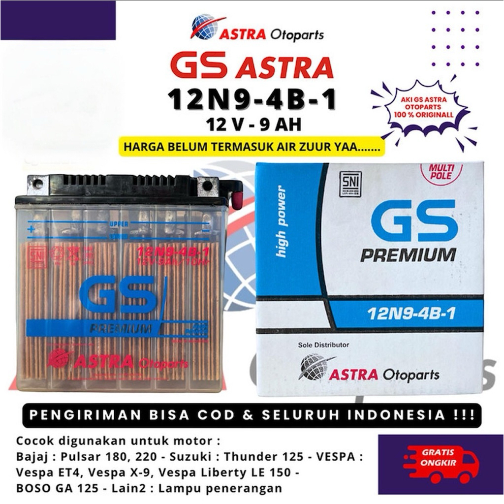 BATERAI AKI BASAH GS ASTRA ORIGINAL 12N94B1 THUNDER125 VESPA PULSAR
