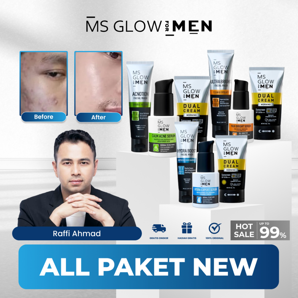 MS GLOW FOR MEN SKINCARE 1 SET LENGKAP UNTUK PRIA PAKET BASIC LENGKAP NEW SERIES BRIGHTENING ACNE HY