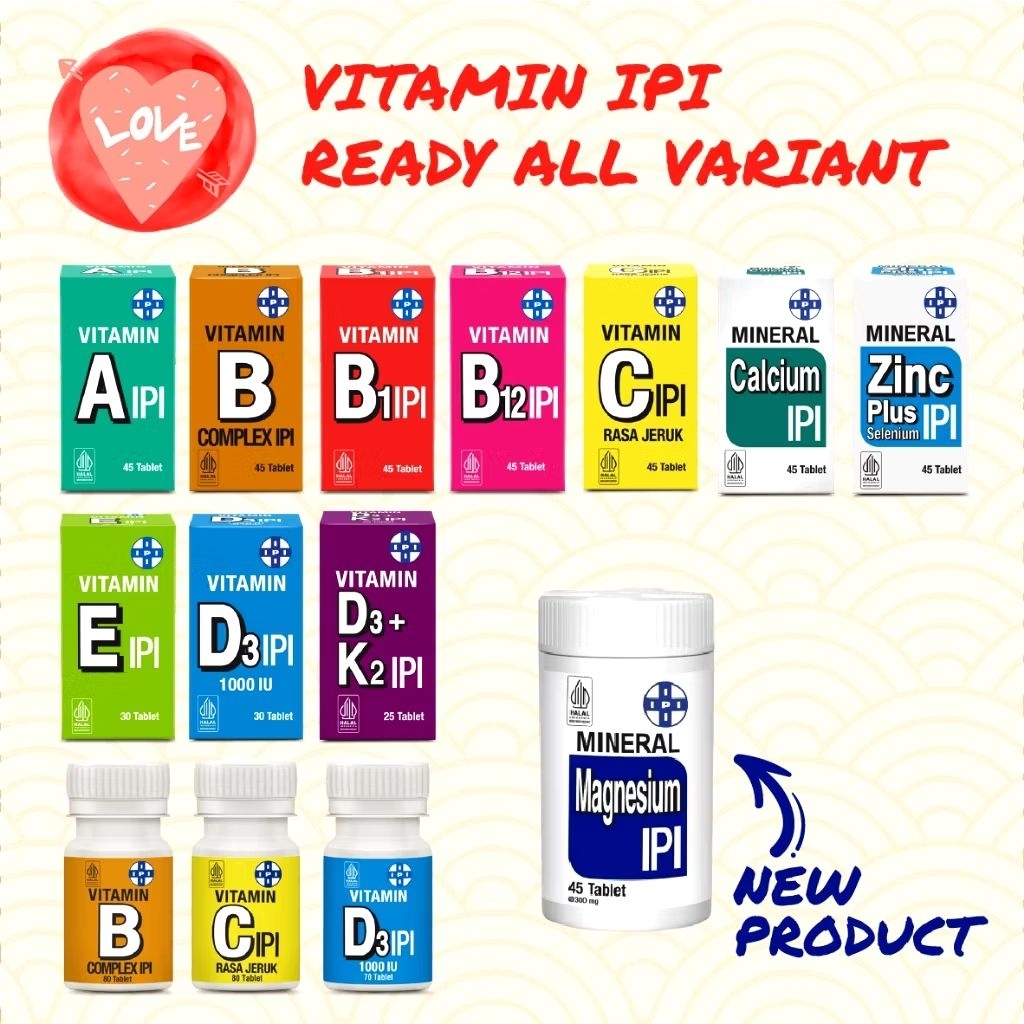 IPI Vitamin A B1 B12 B Complex C D3 iu1000 K2 E Calcium Zinc Magnesium isi 45 tablet kecil Komplek K