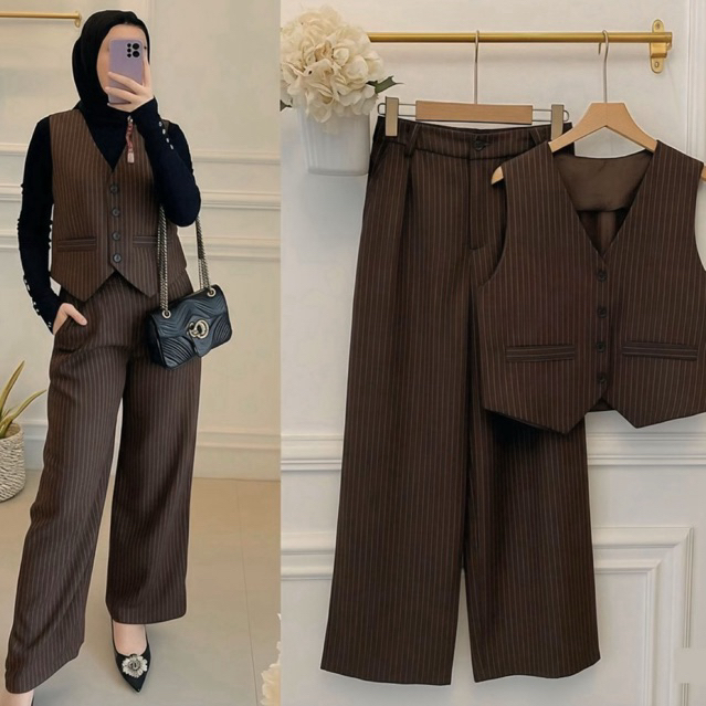 Vest set Celana / baju setelan wanita / set celana wanita / rompi / vest wanita Woll Stripes