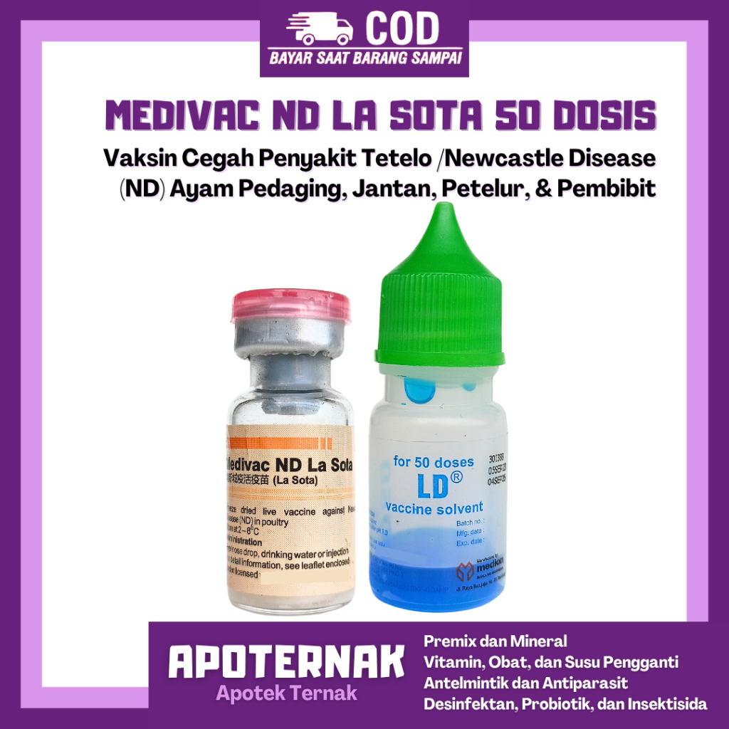 VAKSIN ND LASOTA DOSIS 50 EKOR + PELARUT MEDIVAC MEDION - Vaksin Nd Lasota Ayam Newcastle Disease Te