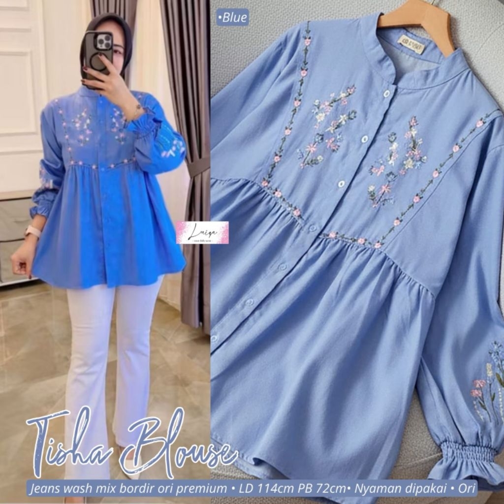tisha jeans blouse bordir by laiqa kemeja salur garis garis kemeja tunik linen kemeja jumbo ld 120 x
