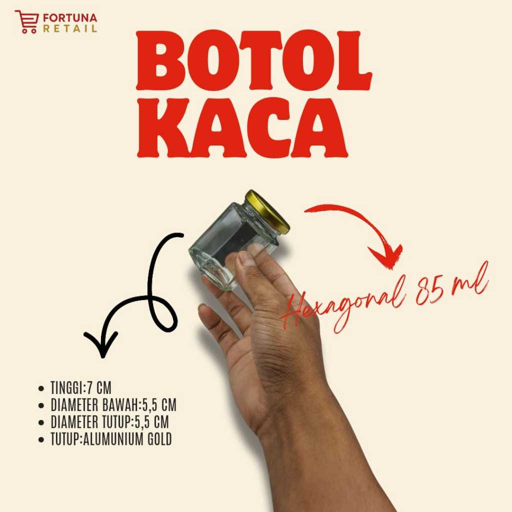 JKHX 85 ML/JAR KACA HEXAGONAL 85 ML/BOTOL KACA MADU/TUTUP ALUMUNIUM GOLD