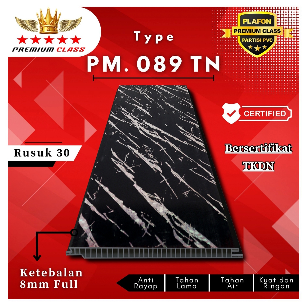 PLAFON PVC PREMIUM CLASS KODE PM 089 TN | Motif Marmer Hitam Lis Putih Modern dan Kekinian