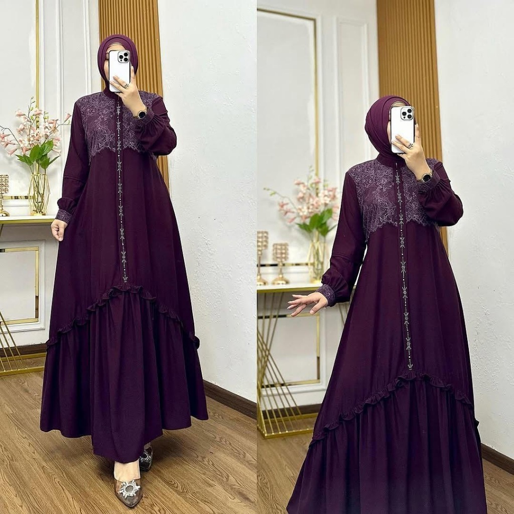 Gamis Laluna Dress Pakaian Wanita Syar'i Kekinian Bahan Ceruty Brukat Swarovsky Desain Mewah Elegan