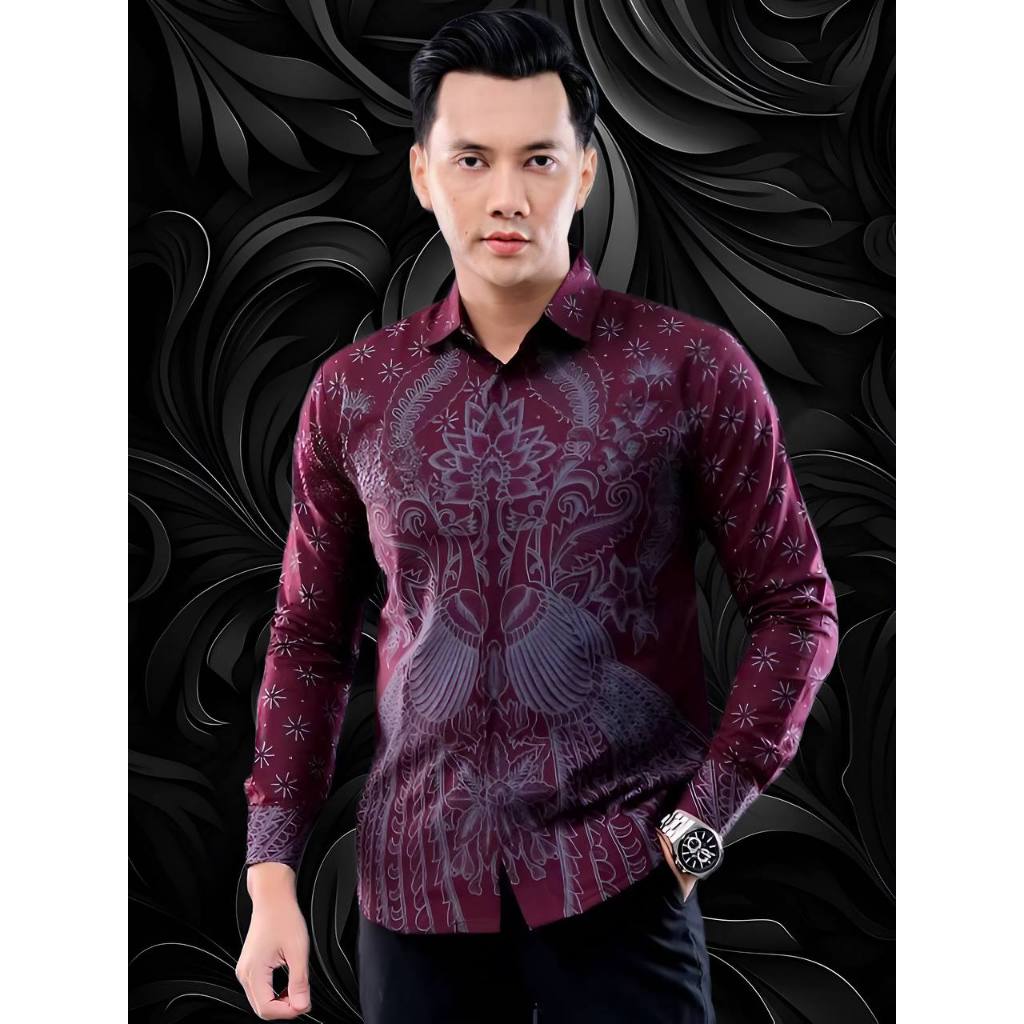 Baju Batik Pria Maroon Slim Fit – Kemeja Lengan Panjang Elegan Kekinian