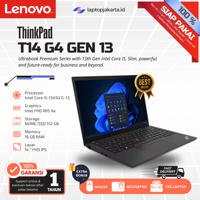Laptop Notebook murah bergaransi LENOVO THINKPAD T14 G4 i5-1345U vPro Gen13 RAM 16GB SSD NVMe 256 GB