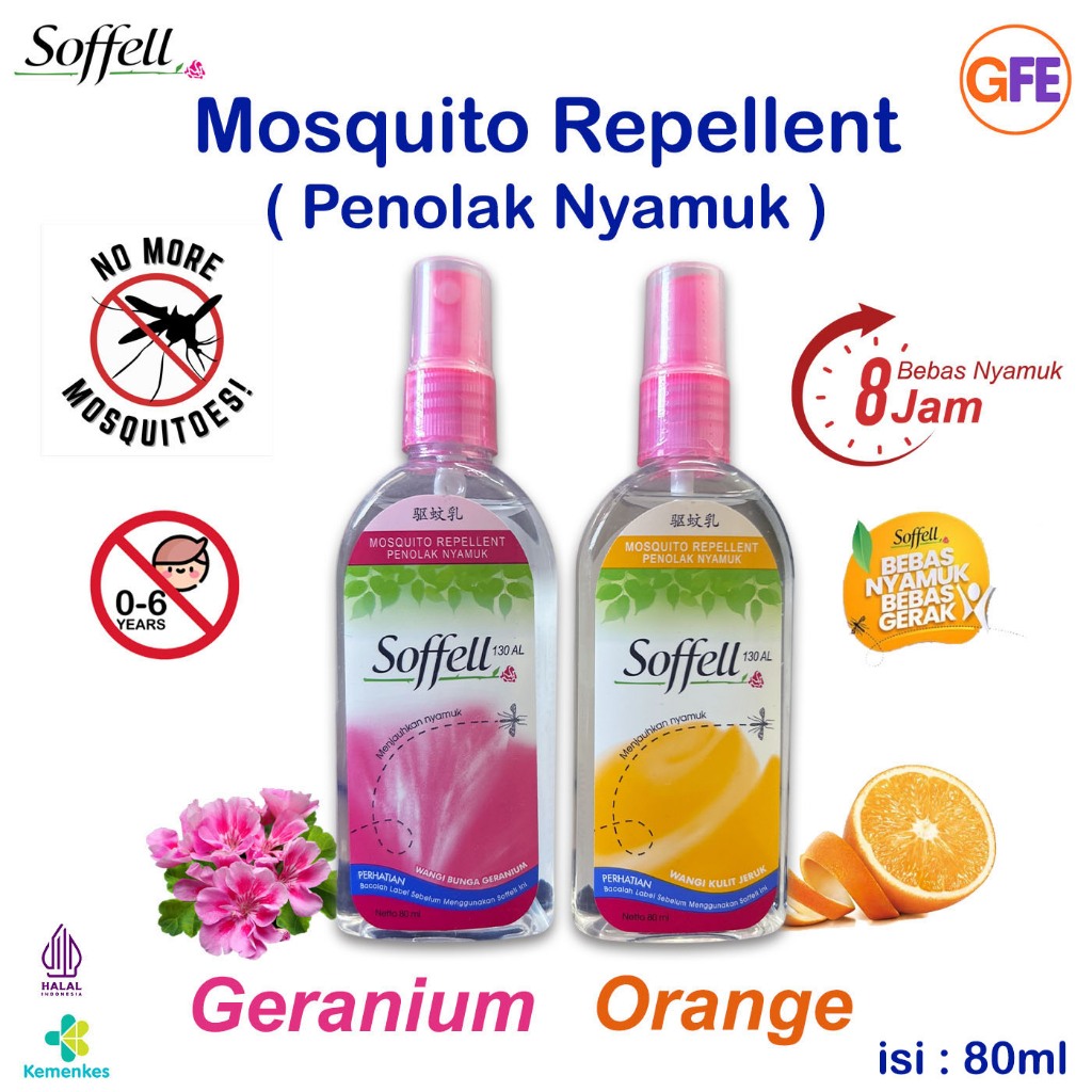 Soffell Spray Penolak Anti Tolak Nyamuk Mosquito Repellent Geranium Jeruk Botol 80ml Sofel Semprot