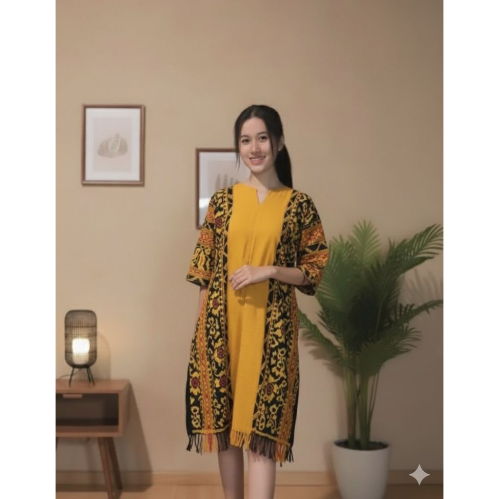 dress tenun Jepara model lengan langsung