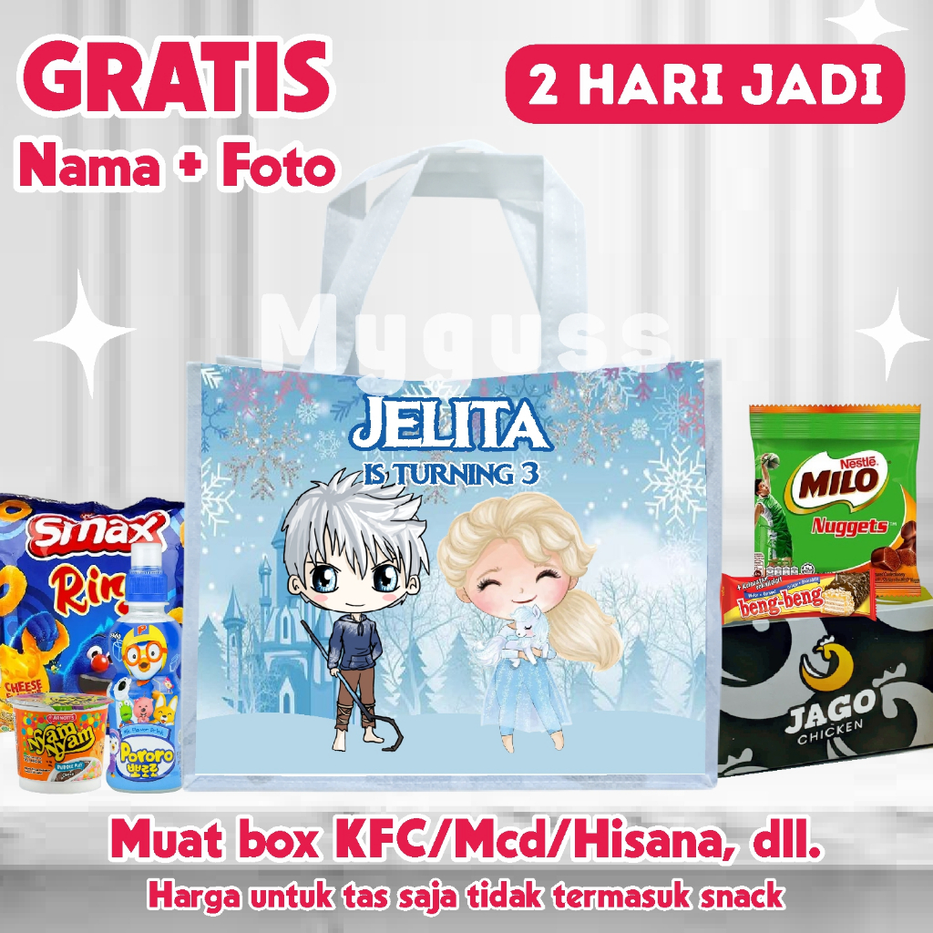 Tas Ultah Anak Free Nama Umur Foto||Goodie Bag Spunbond||Tas Custom Ulang Tahun Anak Tema Frozen