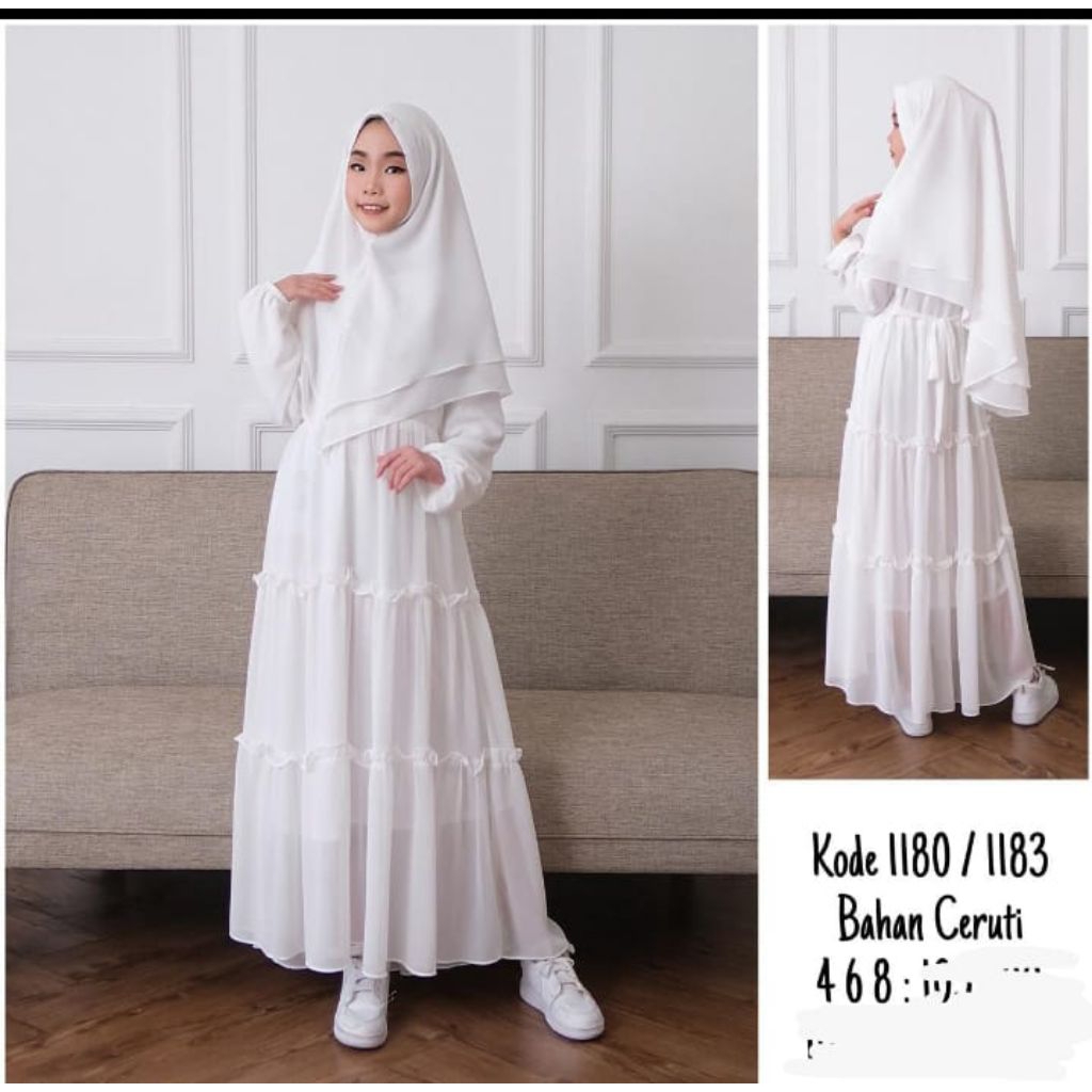 GAMIS ANAK TANGGUNG WARNA KHUSUS PUTIH BAHAN CERUTY PREMIUM TEBAL MIX RENDA FULL FURING LENGAN KARET