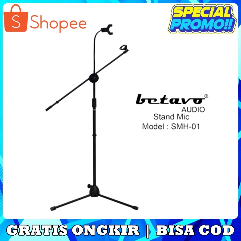 Stand Mic Betavo SHM-01 dengan Jepit HP – Body Besi Kokoh, Tinggi 165cm Adjustable