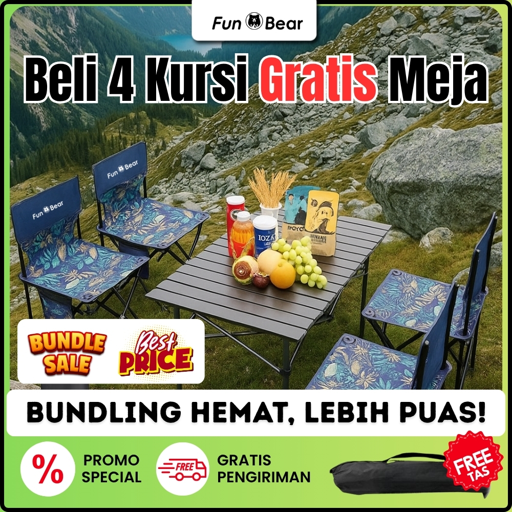 FUNBEAR Paket 1 set Bundling Meja Lipat Portable Jumbo dan Kursi Lipat Portable Hiking Barbeque Nong