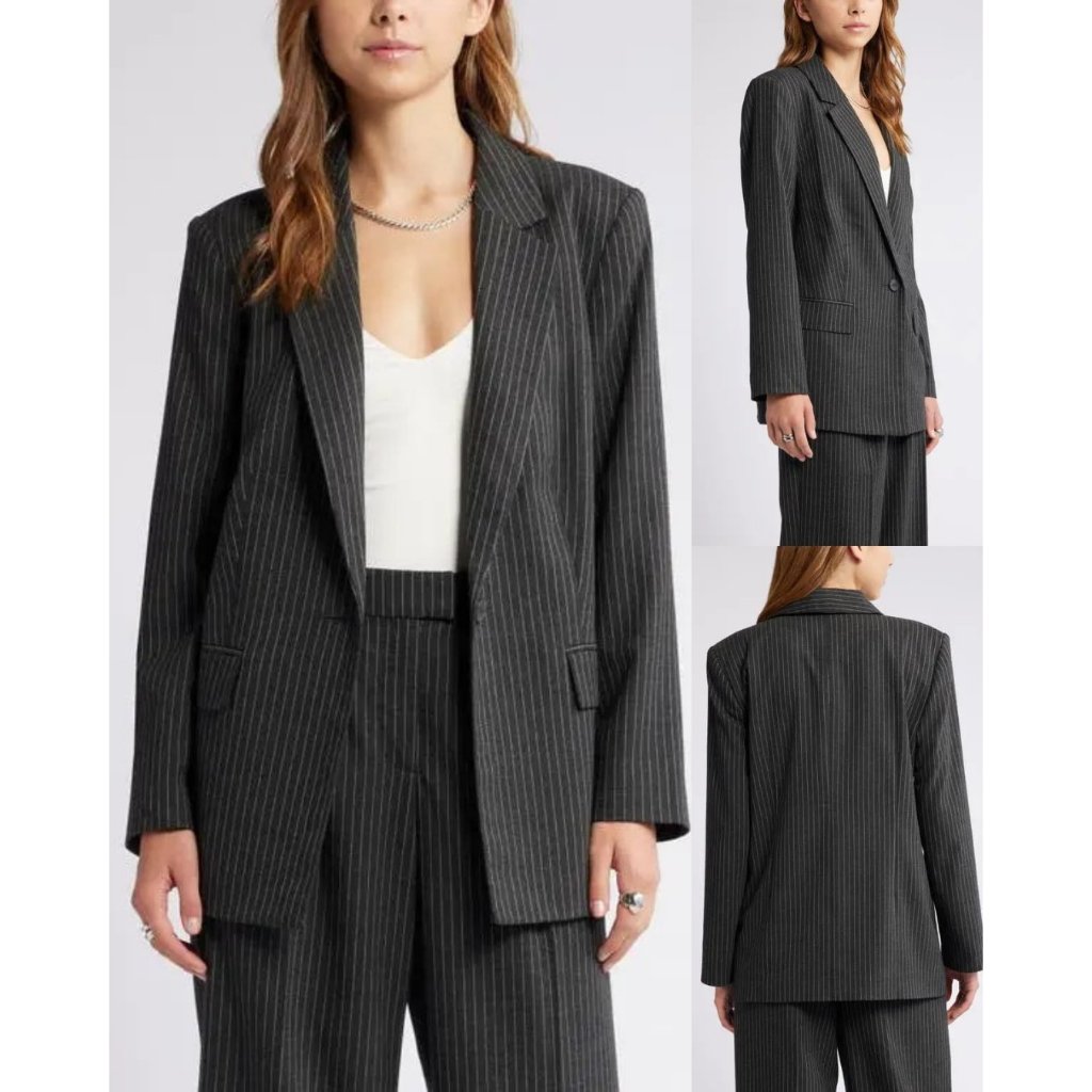 Blazer Wanita Kantoran Motif Garis Pinstripe Longline Blazer  - OE-8738