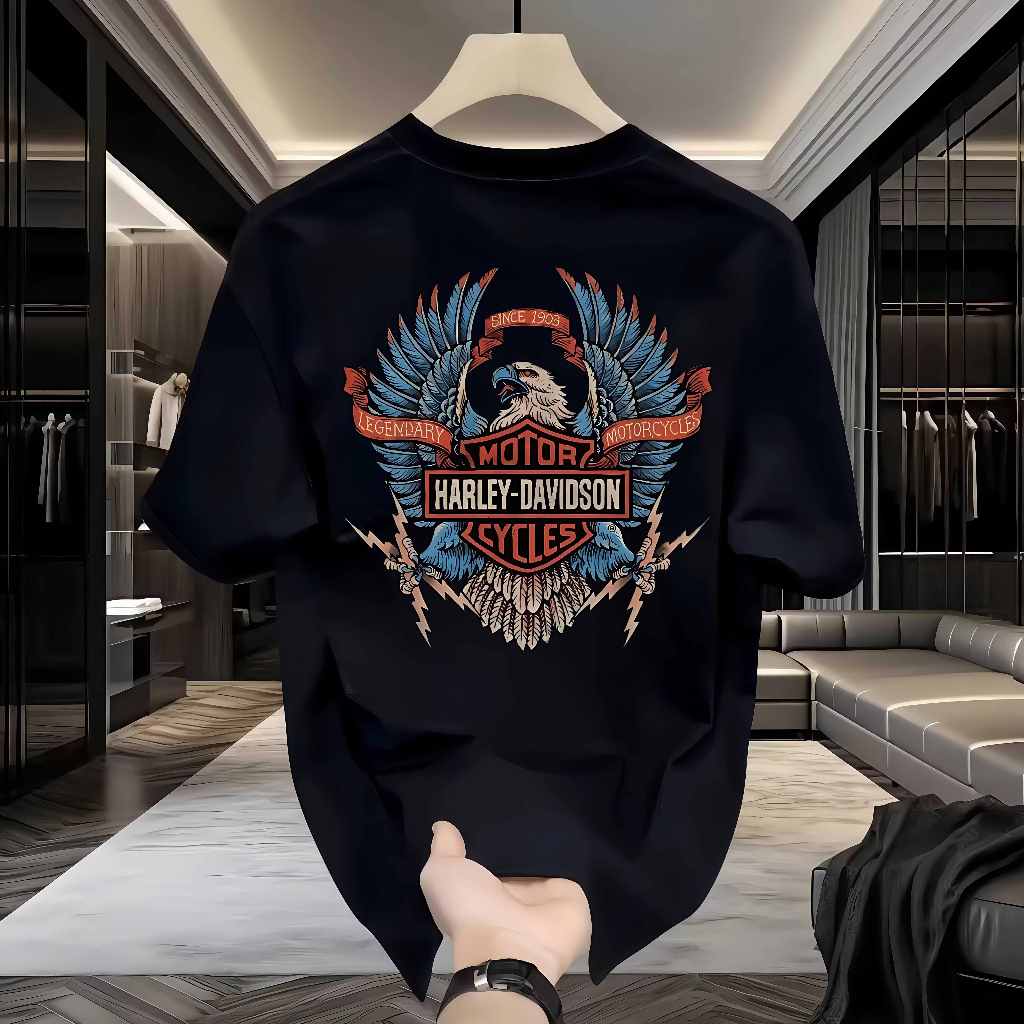 Seri Elang Harley - Kaos Trendy Cetak Motor Klasik (Varian Putih Krem dengan Logo Elang / Varian Hit