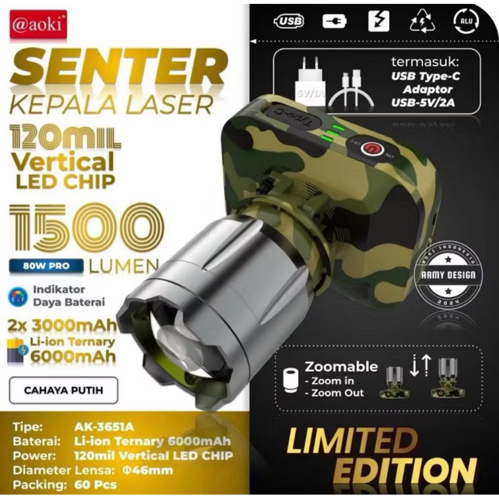 AOKI 3651 Senter  Kepala LED Zoom Laser 80Watt 1500 Lumen AOKI AK3651A/AK-3652K Army