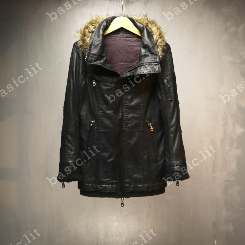 Unknown fur hooded parka leather jacket