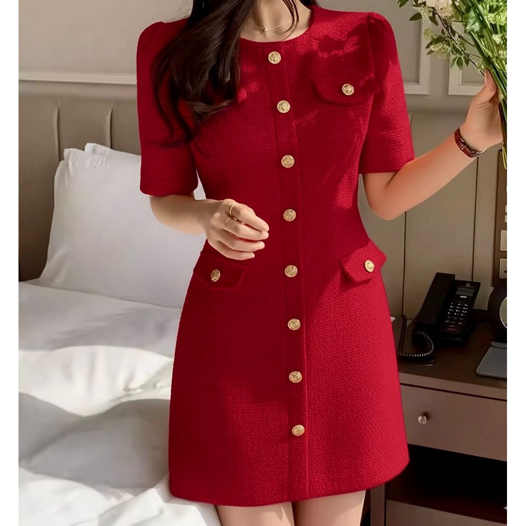 Miju Dress Tweed Mini Prom Dinner Party Imlek Christmas Black White Maroon Red