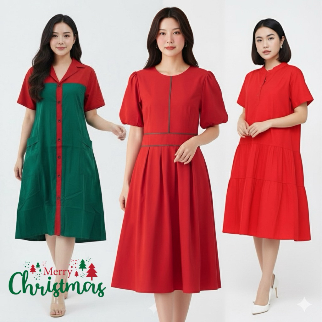 PAKAIAN EDISI NATAL HIJAU MERAH KEMEJA WANITA DRESS WANITA