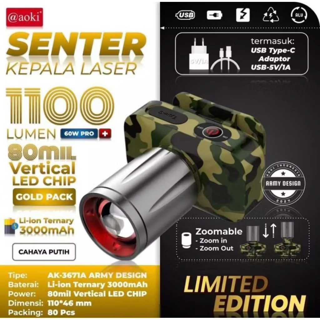 SENTER KEPALA AOKI LORENG 1500 LUMEN DAN 1100 LUMEN