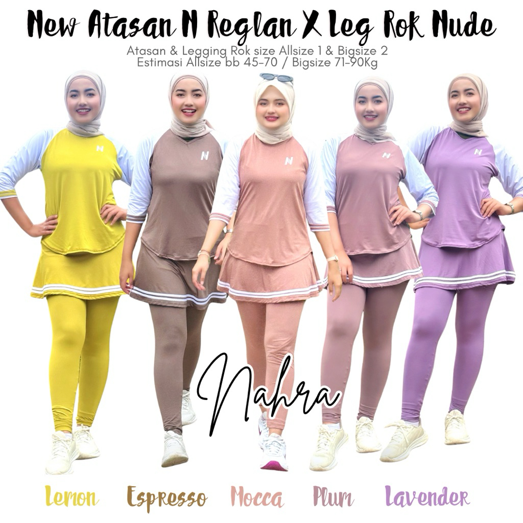 Nahra Setelan Atasan Reglan & Legging Rok Nude Bahan Spandek Polyester Untuk Baju Senam & Aktifitas 