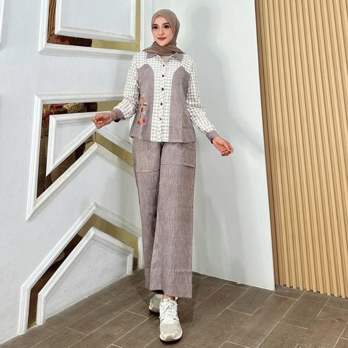 Sabita One Set Celana Katun Kotak Fashion Muslim Wanita Kekinian