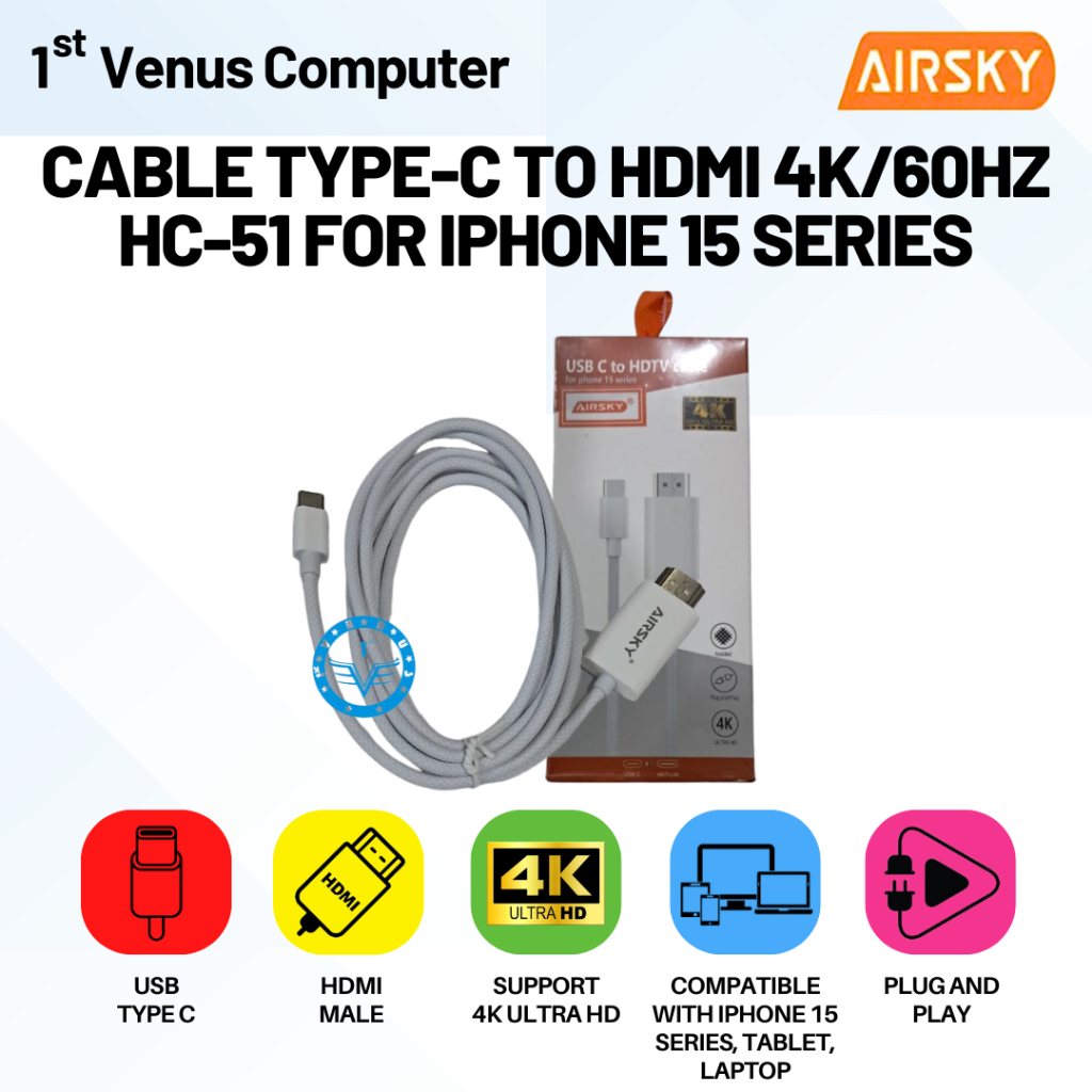 KABEL HDTV MIRRORING USB TYPE C TO HDMI 4K 60Hz FOR Samsung / Huawei / Iphone 15 series / Tablet / L