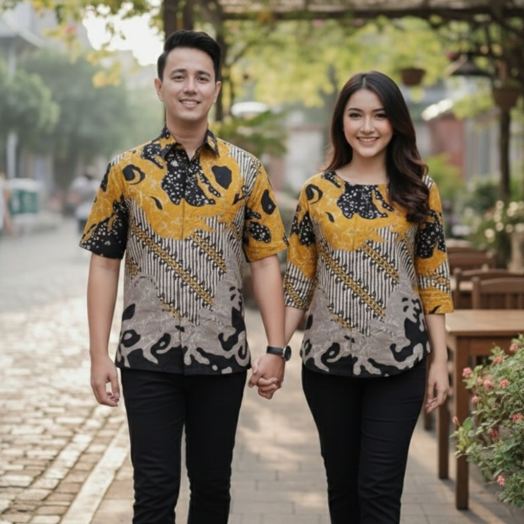 "Batik Couple Daun Elegan – Kemeja Batik Pria & Blouse Wanita Modern Lengan Panjang / Batik Pasangan