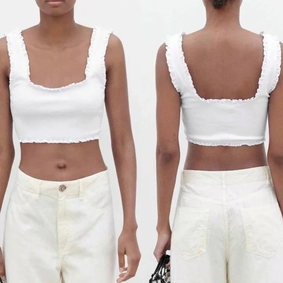 ZARA RUFFLE WHITE RIBBED CROP TANK TOP