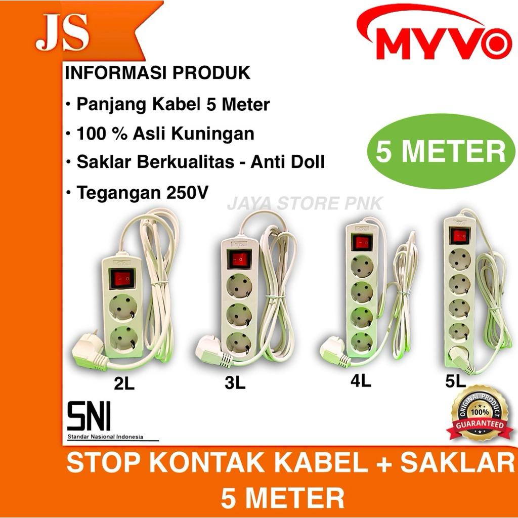 Stop Kontak Kabel 5 METER 2 Lubang - 5 Lubang Terminal Kabel 5 METER MYVO