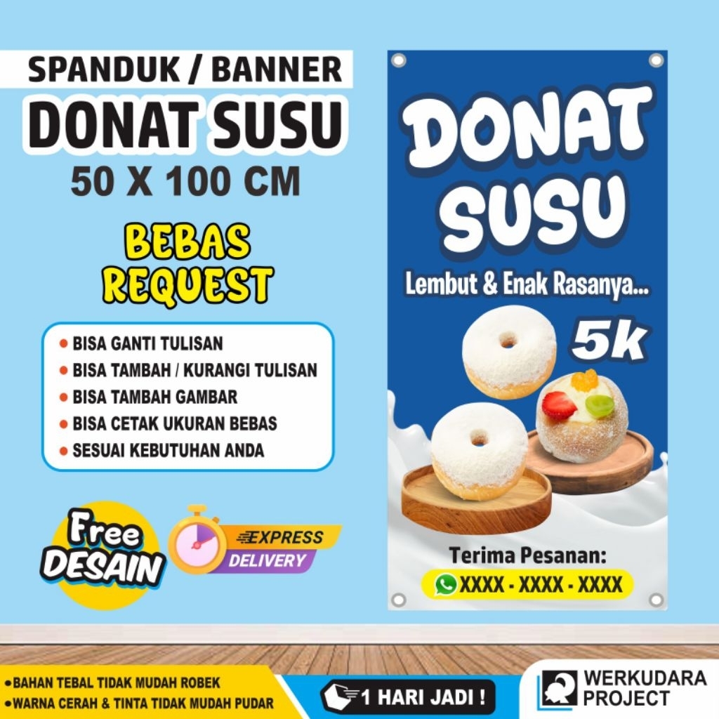Spanduk Banner Donat Susu Ukuran 50 X 100 Cm, Spanduk Banner Donat Susu Ukuran 50 X 100 Cm