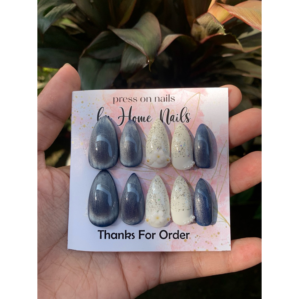 Kuku palsu navy mix cat eye///Kuku palsu wedding nailfake 005
