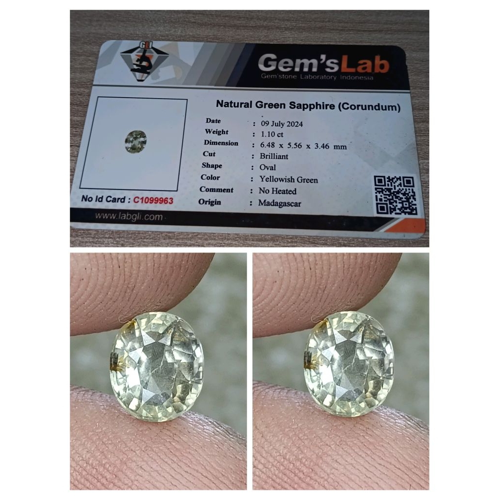 Natural green sapphire yellowish green no heated Madagascar memo GLI