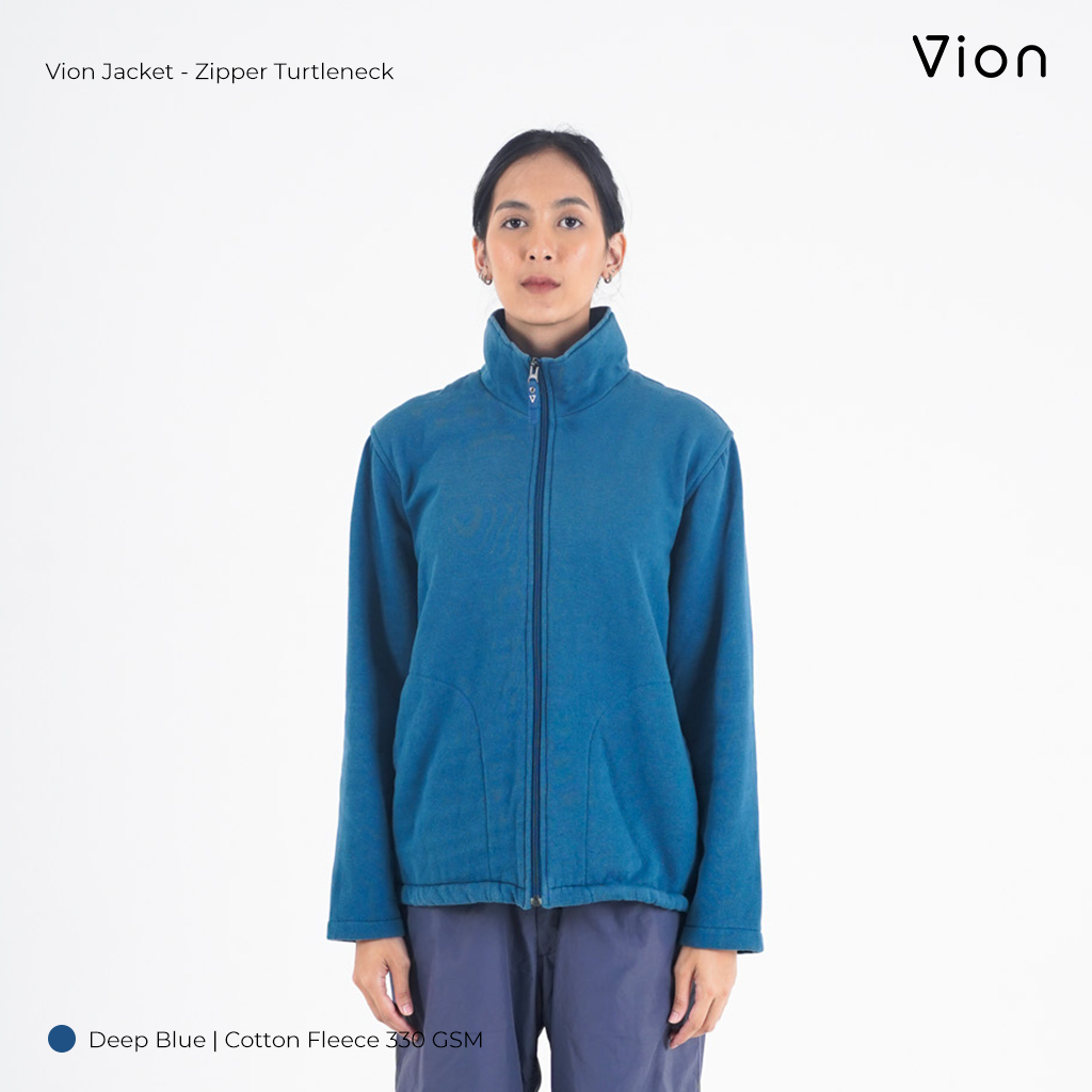 Vion Explorer High Neck Jacket - Jaket Zipper Turtleneck Wanita Cotton Fleece 330 GSM Deep Blue