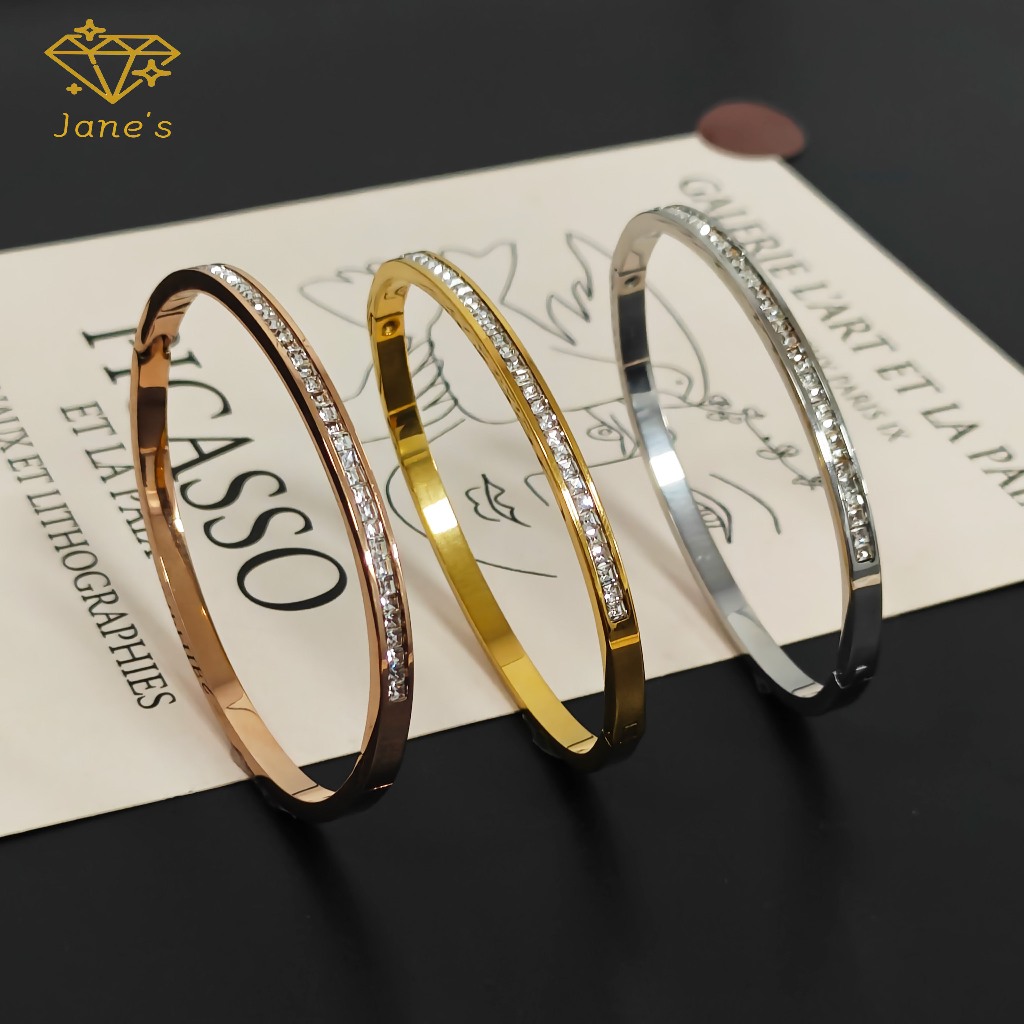 [Kotak hadiah indah] Gelang zirkon baja titanium berlapis emas 18K tahan karat dan tahan pudar elega